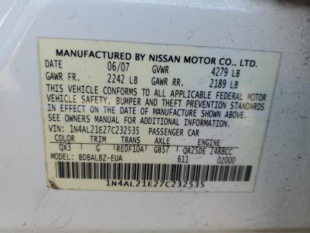 1N4AL21E27C232535 - 2007 NISSAN ALTIMA 2.5 WHITE photo 12