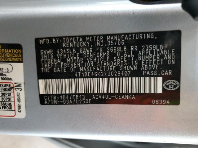 4T1BE46K27U029427 - 2007 TOYOTA CAMRY CE SILVER photo 12