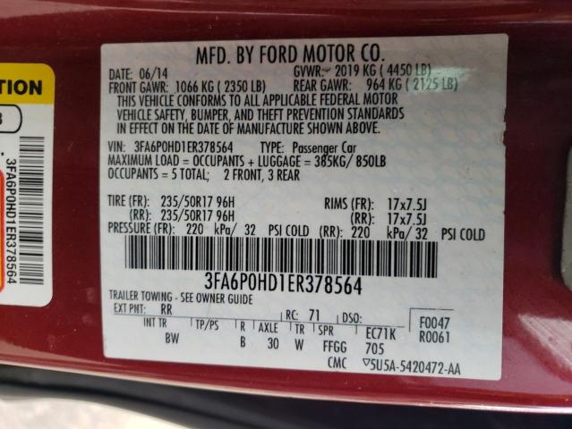 3FA6P0HD1ER378564 - 2014 FORD FUSION SE BURGUNDY photo 13