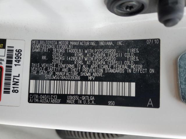 5TDJW5G18AS039366 - 2010 TOYOTA SEQUOIA LIMITED WHITE photo 12