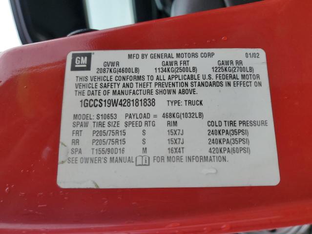 1GCCS19W428181838 - 2002 CHEVROLET S TRUCK S10 RED photo 12