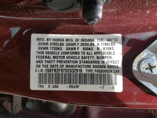 19XFB2F97DE032916 - 2013 HONDA CIVIC EXL BURGUNDY photo 10