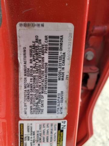 2T1KR32E04C289238 - 2004 TOYOTA COROLLA MA XR RED photo 12