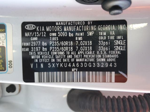 5XYKU4A63DG332943 - 2013 KIA SORENTO EX WHITE photo 13