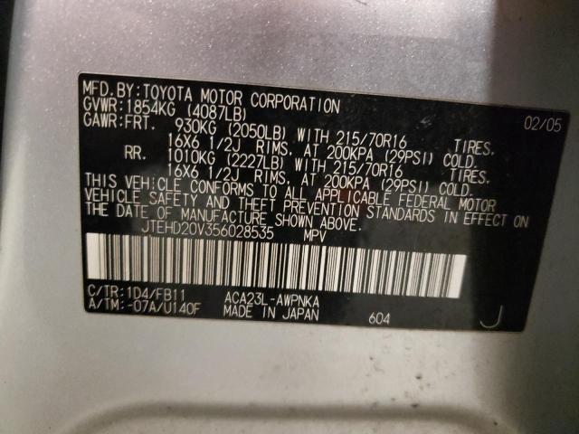 JTEHD20V356028535 - 2005 TOYOTA RAV4 SILVER photo 12