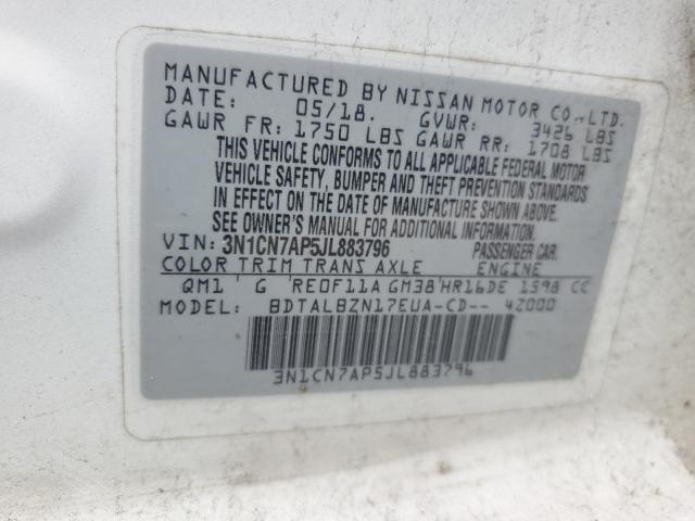 3N1CN7AP5JL883796 - 2018 NISSAN VERSA S WHITE photo 12