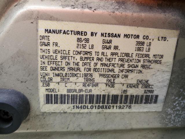 1N4DL01D8XC119276 - 1999 NISSAN ALTIMA XE TAN photo 12