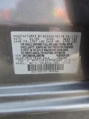 3N1CN8EV0LL860766 - 2020 NISSAN VERSA SV GRAY photo 12