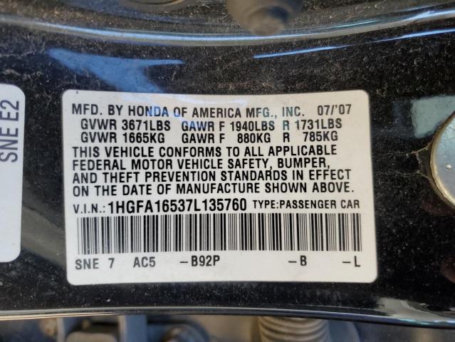 1HGFA16537L135760 - 2007 HONDA CIVIC LX BLACK photo 12