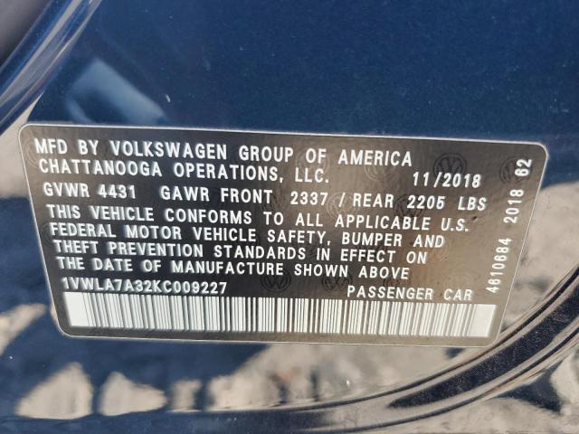 1VWLA7A32KC009227 - 2019 VOLKSWAGEN PASSAT WOLFSBURG ლურჯი ფოტო 12