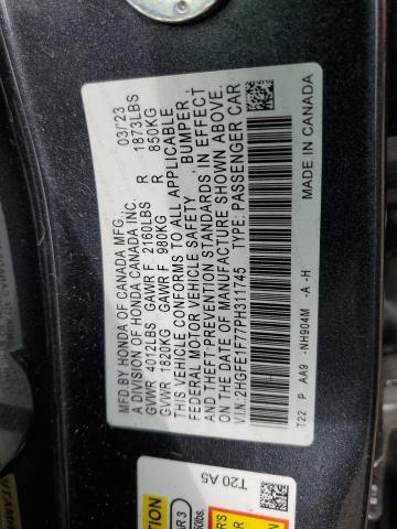 2HGFE1F77PH311745 - 2023 HONDA CIVIC EX BLACK photo 12