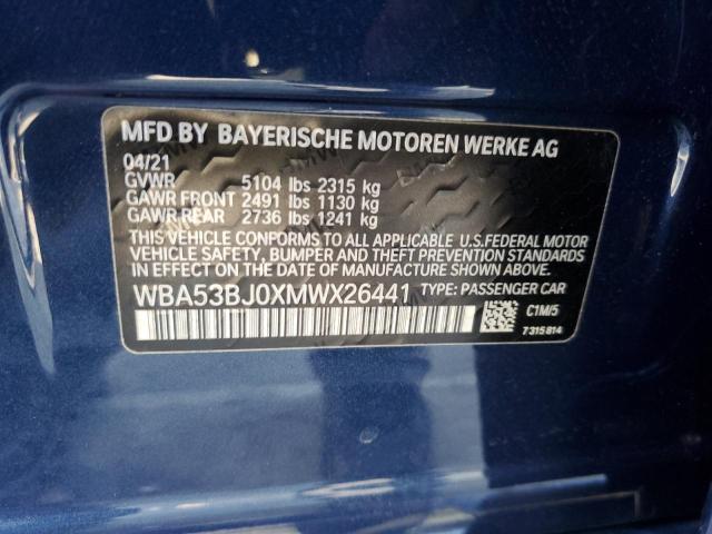 WBA53BJ0XMWX26441 - 2021 BMW 540 I BLUE photo 12