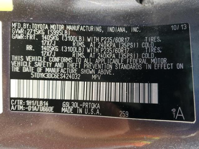 5TDYK3DC6ES424032 - 2014 TOYOTA SIENNA XLE GRAY photo 13