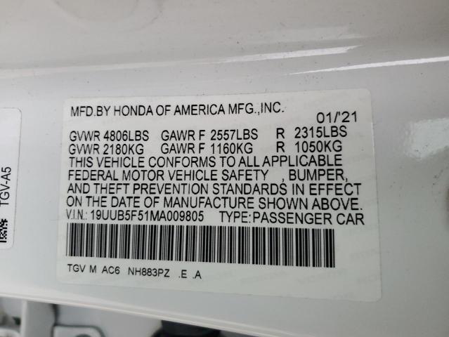 19UUB5F51MA009805 - 2021 ACURA TLX TECH A WHITE photo 12