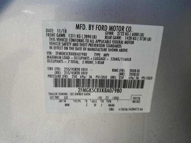 2FMGK5C8XKBA07980 - 2019 FORD FLEX SEL SILVER photo 14