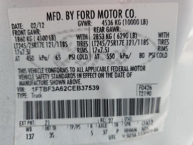 1FTBF3A62CEB37539 - 2012 FORD F350 SUPER DUTY WHITE photo 12