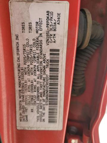 5TEGN92N83Z303237 - 2003 TOYOTA TACOMA DOUBLE CAB PRERUNNER RED photo 12
