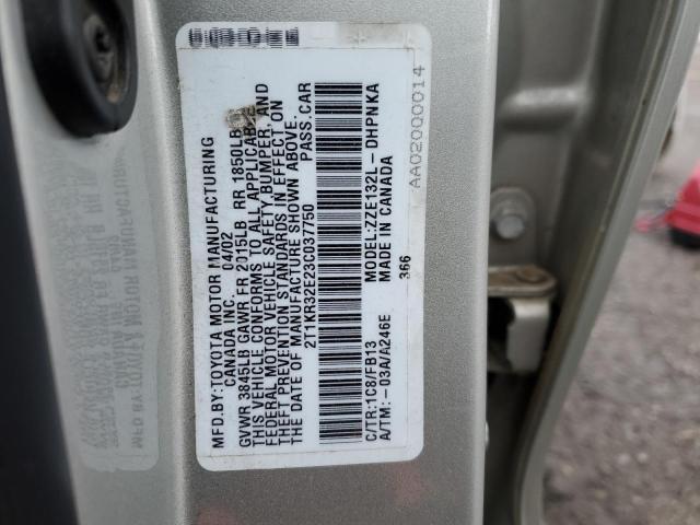 2T1KR32E23C037750 - 2003 TOYOTA COROLLA MA XR SILVER photo 13