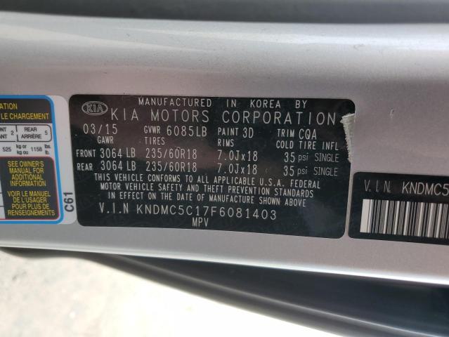 KNDMC5C17F6081403 - 2015 KIA SEDONA EX SILVER photo 14