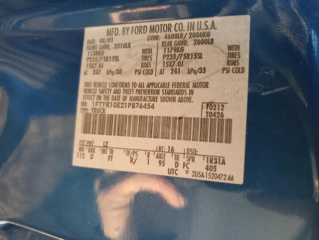 1FTYR10E21PB76454 - 2001 FORD RANGER BLUE photo 13