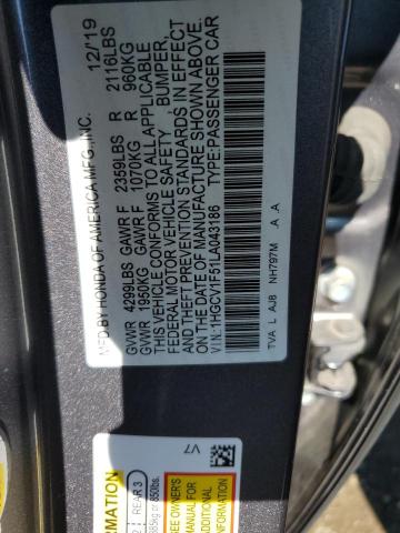 1HGCV1F51LA043186 - 2020 HONDA ACCORD EXL GRAY photo 12