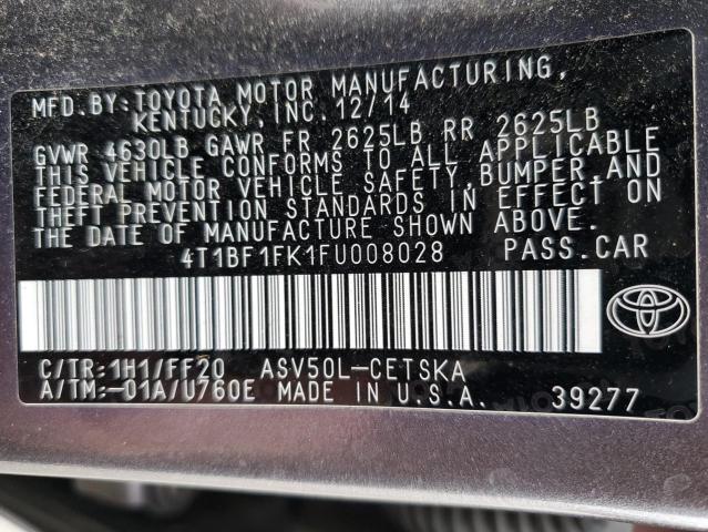 4T1BF1FK1FU008028 - 2015 TOYOTA CAMRY LE GRAY photo 12