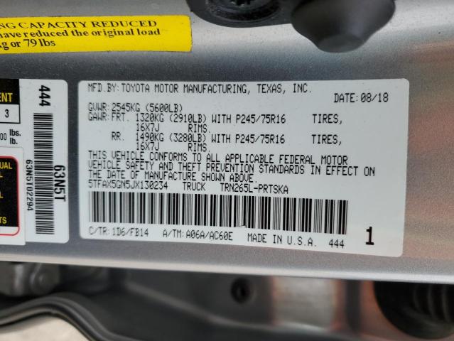 5TFAX5GN5JX130234 - 2018 TOYOTA TACOMA DOUBLE CAB SILVER photo 13