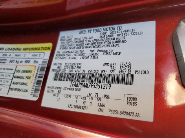 1FA6P8AM7F5351219 - 2015 FORD MUSTANG RED photo 12