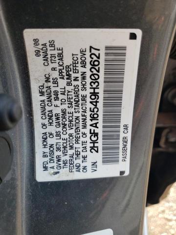 2HGFA16549H302627 - 2009 HONDA CIVIC LX GRAY photo 12