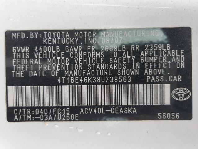 4T1BE46K38U738563 - 2008 TOYOTA CAMRY CE WHITE photo 12