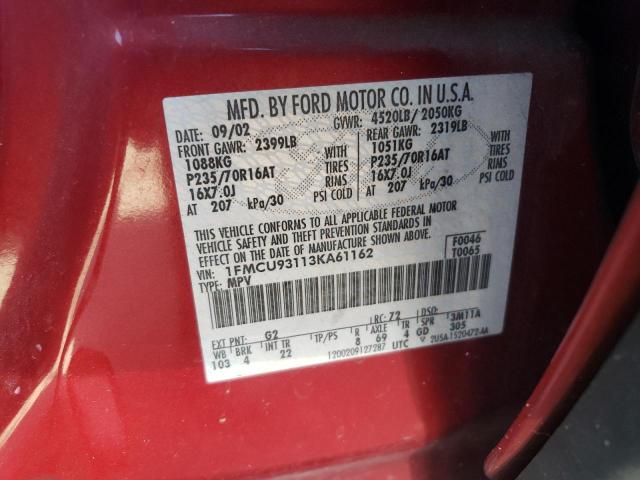 1FMCU93113KA61162 - 2003 FORD ESCAPE XLT RED photo 12