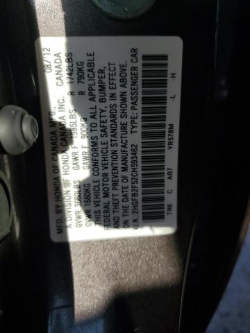 2HGFB2F52CH593462 - 2012 HONDA CIVIC LX GRAY photo 12