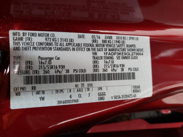 1FADP3KE9GL279664 - 2016 FORD FOCUS SE RED photo 12