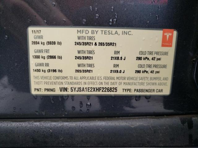 5YJSA1E2XHF226825 - 2017 TESLA MODEL S GRAY photo 12