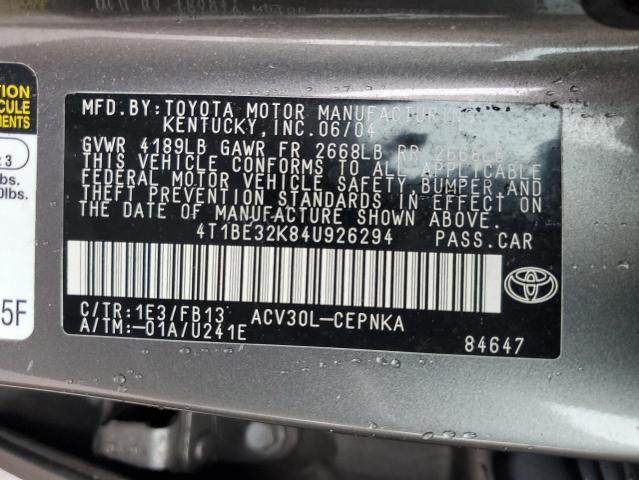 4T1BE32K84U926294 - 2004 TOYOTA CAMRY LE GRAY photo 12