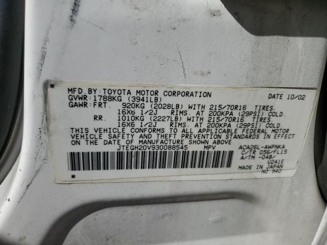 JTEGH20V930088545 - 2003 TOYOTA RAV4 WHITE photo 12