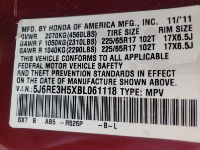 5J6RE3H5XBL061118 - 2011 HONDA CR-V EX RED photo 12