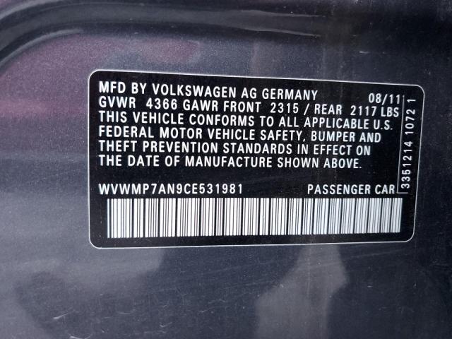 WVWMP7AN9CE531981 - 2012 VOLKSWAGEN CC SPORT GRAY photo 12