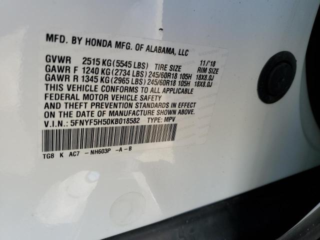 5FNYF5H50KB018582 - 2019 HONDA PILOT EXL WHITE photo 12