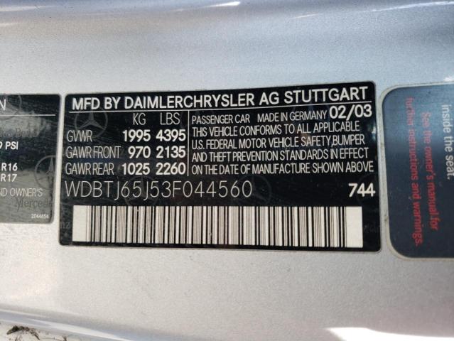 WDBTJ65J53F044560 - 2003 MERCEDES-BENZ CLK 320C SILVER photo 12