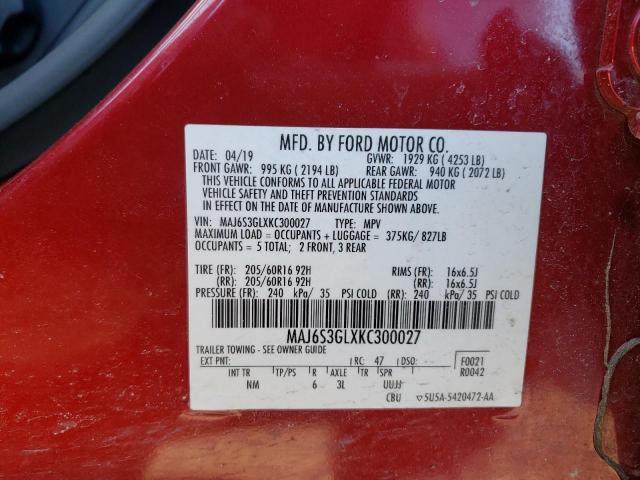 MAJ6S3GLXKC300027 - 2019 FORD ECOSPORT SE RED photo 13