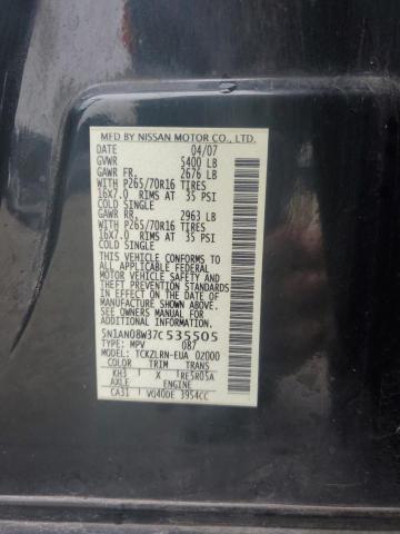 5N1AN08W37C535505 - 2007 NISSAN XTERRA OFF ROAD BLACK photo 12