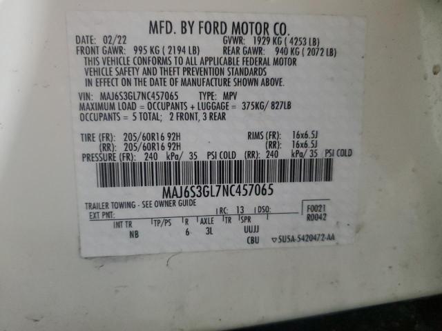 MAJ6S3GL7NC457065 - 2022 FORD ECOSPORT SE თეთრი ფოტო 12