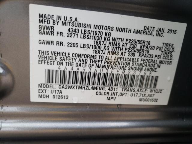 4A4AR3AU3FE023788 - 2015 MITSUBISHI OUTLANDER ES GRAY photo 14