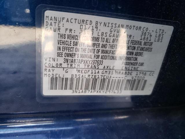 3N1AB7APXKY297633 - 2019 NISSAN SENTRA S BLUE photo 13