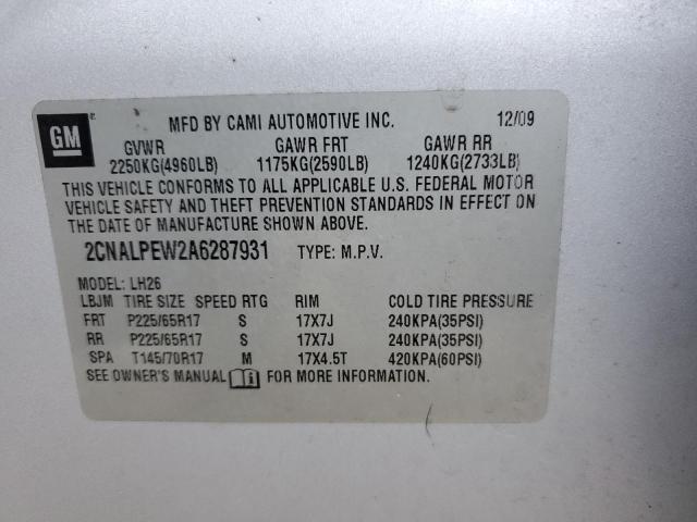 2CNALPEW2A6287931 - 2010 CHEVROLET EQUINOX LT SILVER photo 14