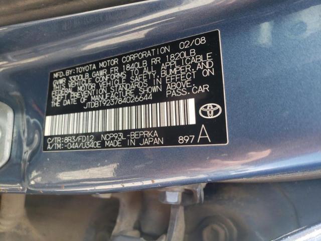 JTDBT923784026644 - 2008 TOYOTA YARIS BLUE photo 10