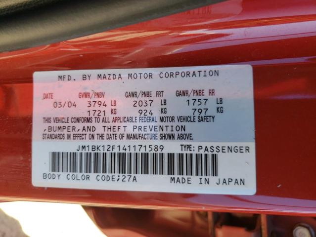 JM1BK12F141171589 - 2004 MAZDA MAZDA3 I RED photo 12