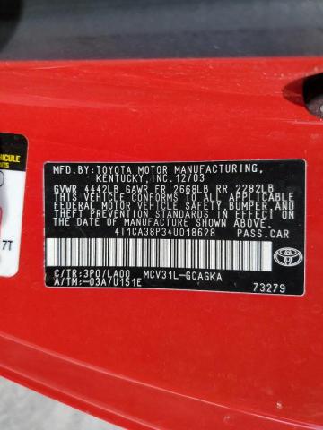 4T1CA38P34U018628 - 2004 TOYOTA CAMRY SOLA SE RED photo 13