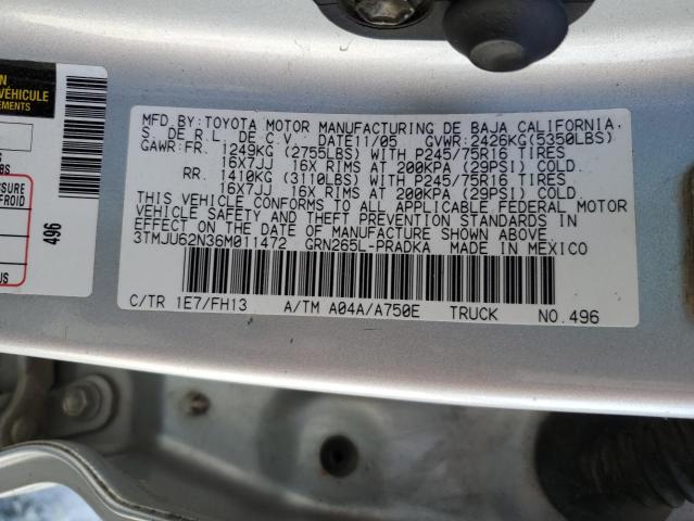 3TMJU62N36M011472 - 2006 TOYOTA TACOMA DOUBLE CAB PRERUNNER GRAY photo 12